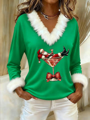 Women’s Santa Claus sitting on a red wine glass printed fur collar top Green / S