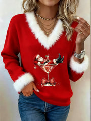Women’s Santa Claus sitting on a red wine glass printed fur collar top Red / S