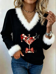 Women’s Santa Claus sitting on a red wine glass printed fur collar top Black / S