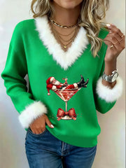 Women’s Santa Claus sitting on a red wine glass printed fur collar top Green / S