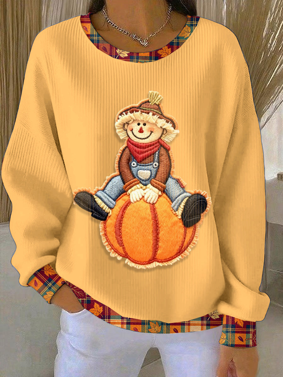 Ladies' Thanksgiving Embroidery Loose-Fit Crewneck Pullover