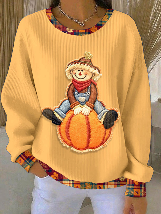 Ladies' Thanksgiving Embroidery Loose-Fit Crewneck Pullover