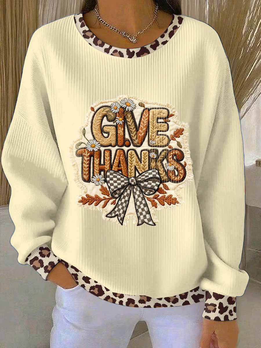 Women's Leopard Print Patchwork Thanksgiving Loose-Fit Crewneck Pullover