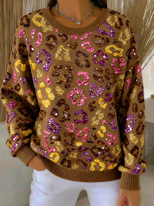 Women's Thanksgiving Colorful Leopard Print Crew Neck Pullover