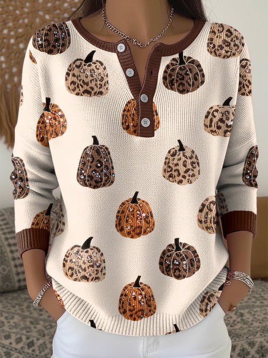 Women's Vintage Thanksgiving Leopard Print Pumpkin Art V-Neck Top