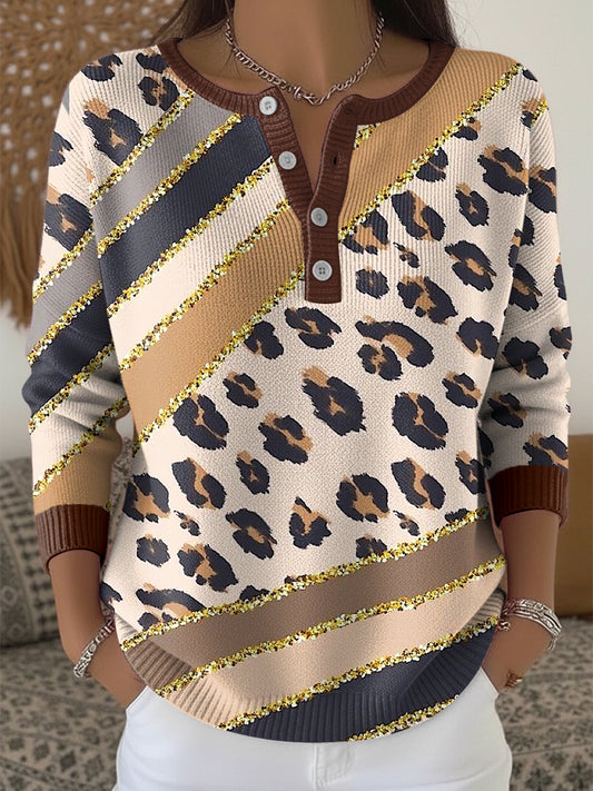 Women's Vintage Thanksgiving Leopard Print Art V-Neck Top