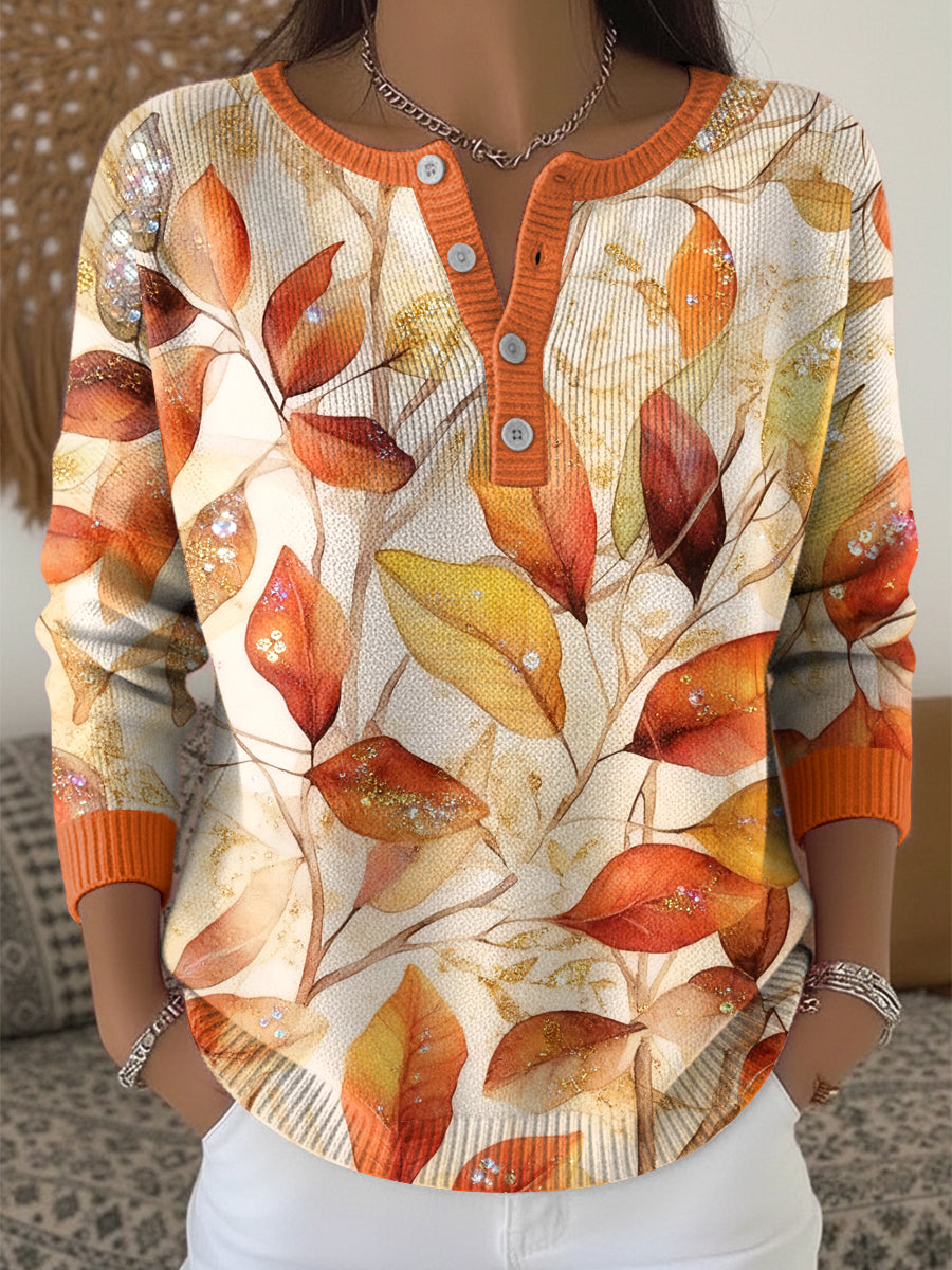 Women's Vintage Thanksgiving Autumn Leaf Art V-Neck Top