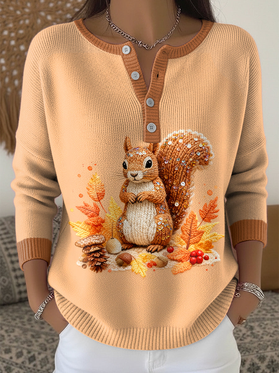 Women's Vintage Thanksgiving Squirrel Leaf Art V-Neck Top