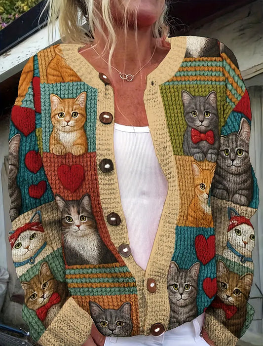 Women's Vintage Christmas Animal Art Print Comfortable Sweater Cardigan