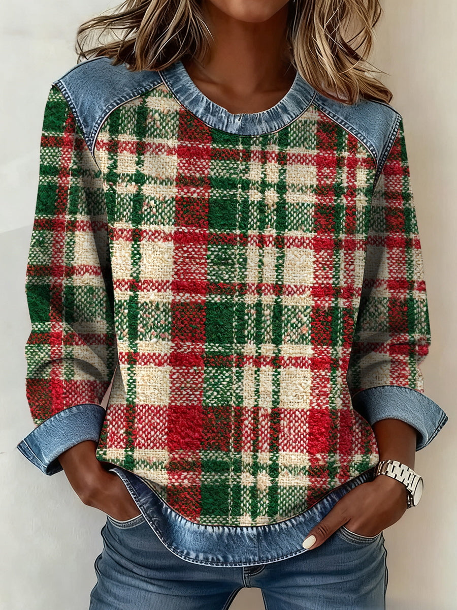 Women's Christmas Plaid Denim Collar Sweatshirt