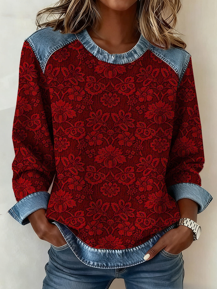 Women's floral denim collar sweatshirt