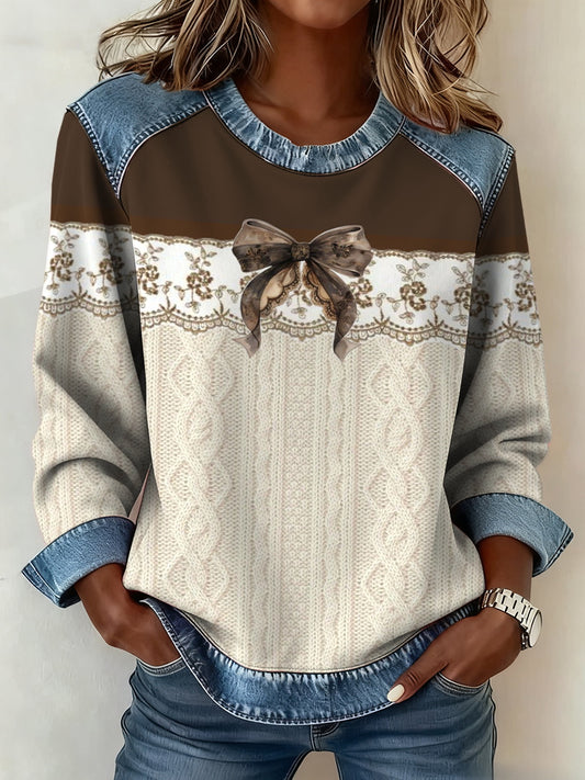 Women's textured bow denim collar sweatshirt