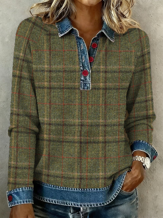 Women's Plaid Pattern Denim Collar Shirt