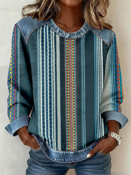 Women's Bohemian Striped Pattern Patchwork Art Sweatshirt