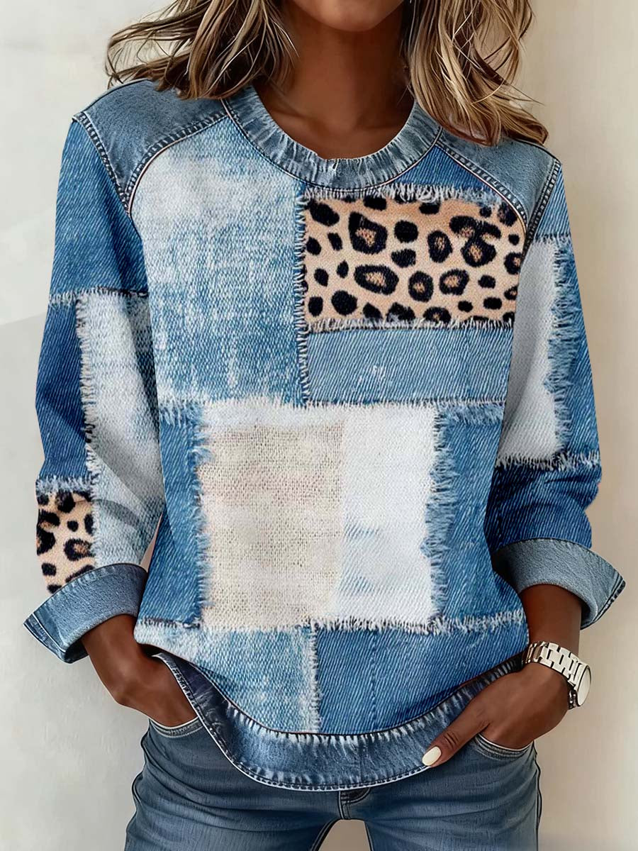 Women's Vintage Denim Texture Patchwork Art Sweatshirt