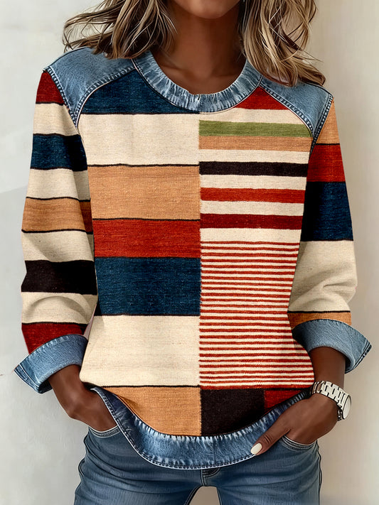 Women's Vintage Color Striped Pattern Patchwork Art Sweatshirt