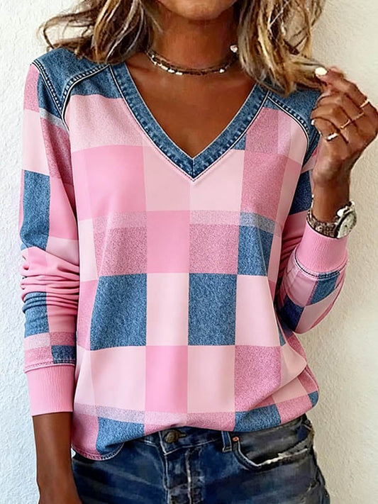 Women's Fashion Plaid Pattern Patchwork Art V-Neck Top