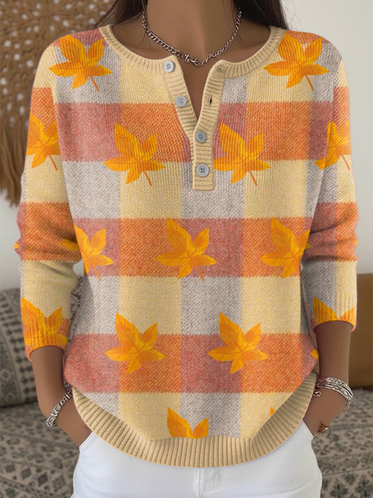 Women's Thanksgiving Plaid Maple Leaf Henley neck sweater