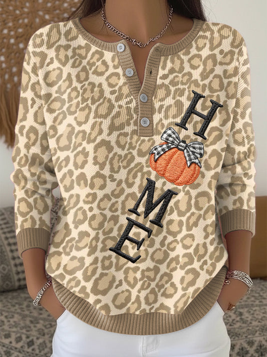 Women's Thanksgiving Leopard-Print Pumpkin Henley neck sweater