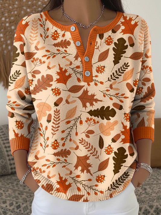 Women's Thanksgiving Vintage Autumn Leaf Art V-Neck Top