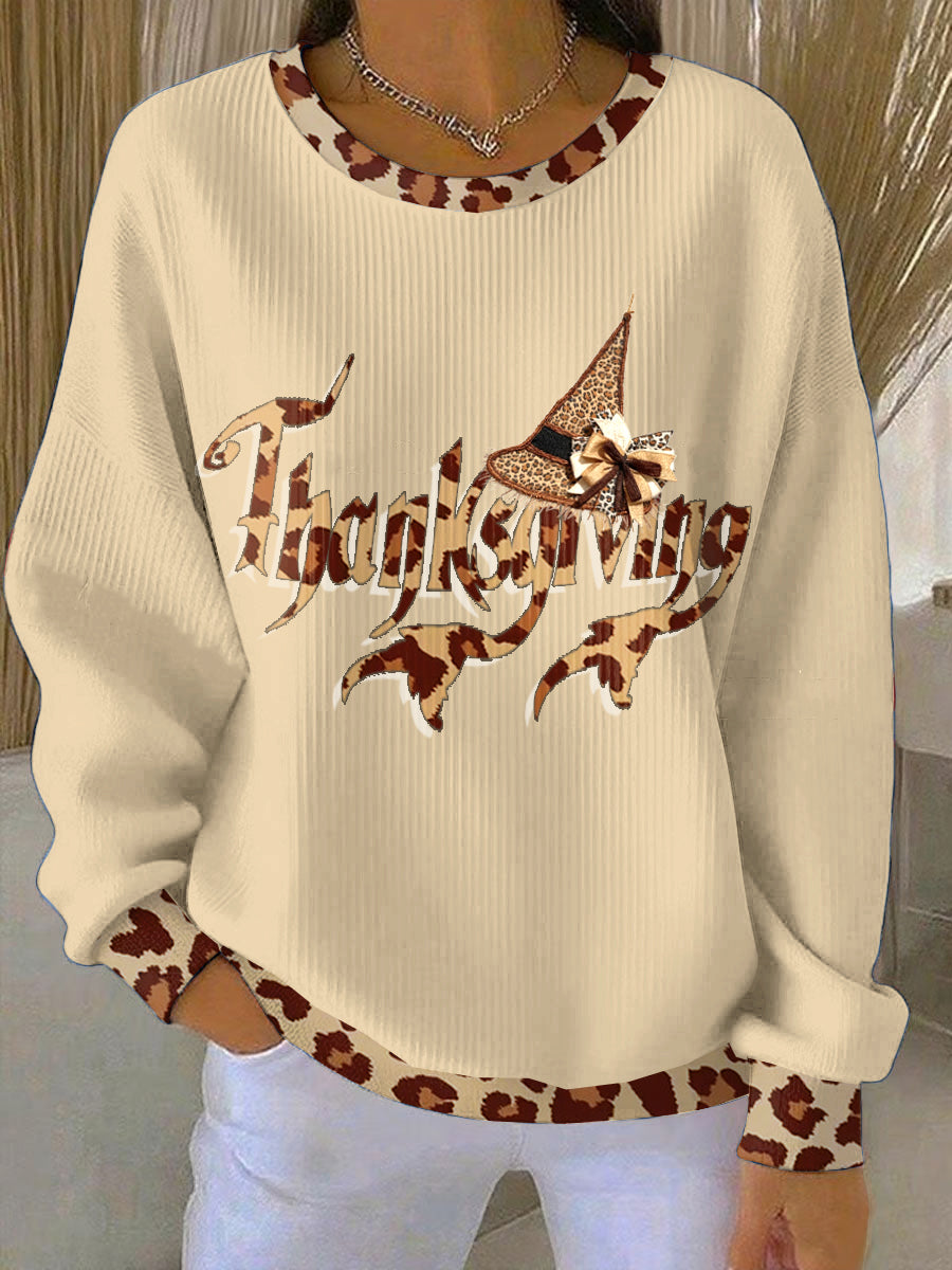 Women's Thanksgiving leopard print Loose-Fit Crewneck Pullover