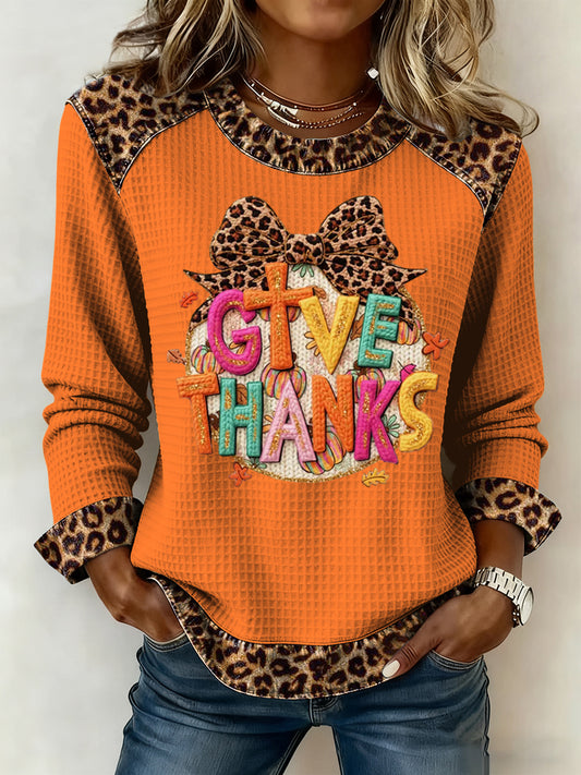Women's Thanksgiving Leopard Bow Round Neck Waffle Weave Top