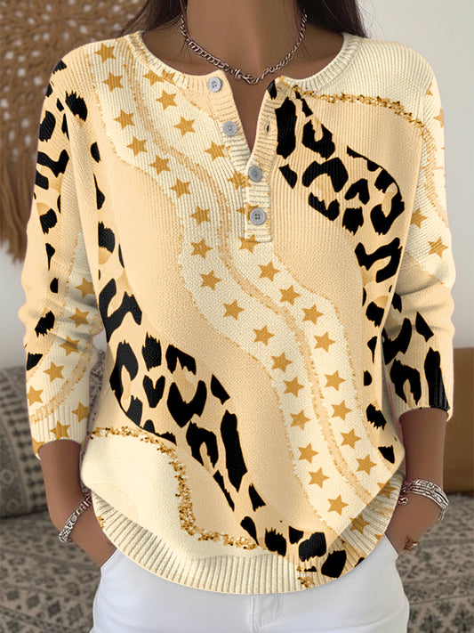 Women's Thanksgiving Leopard Print Patchwork Henley neck sweater