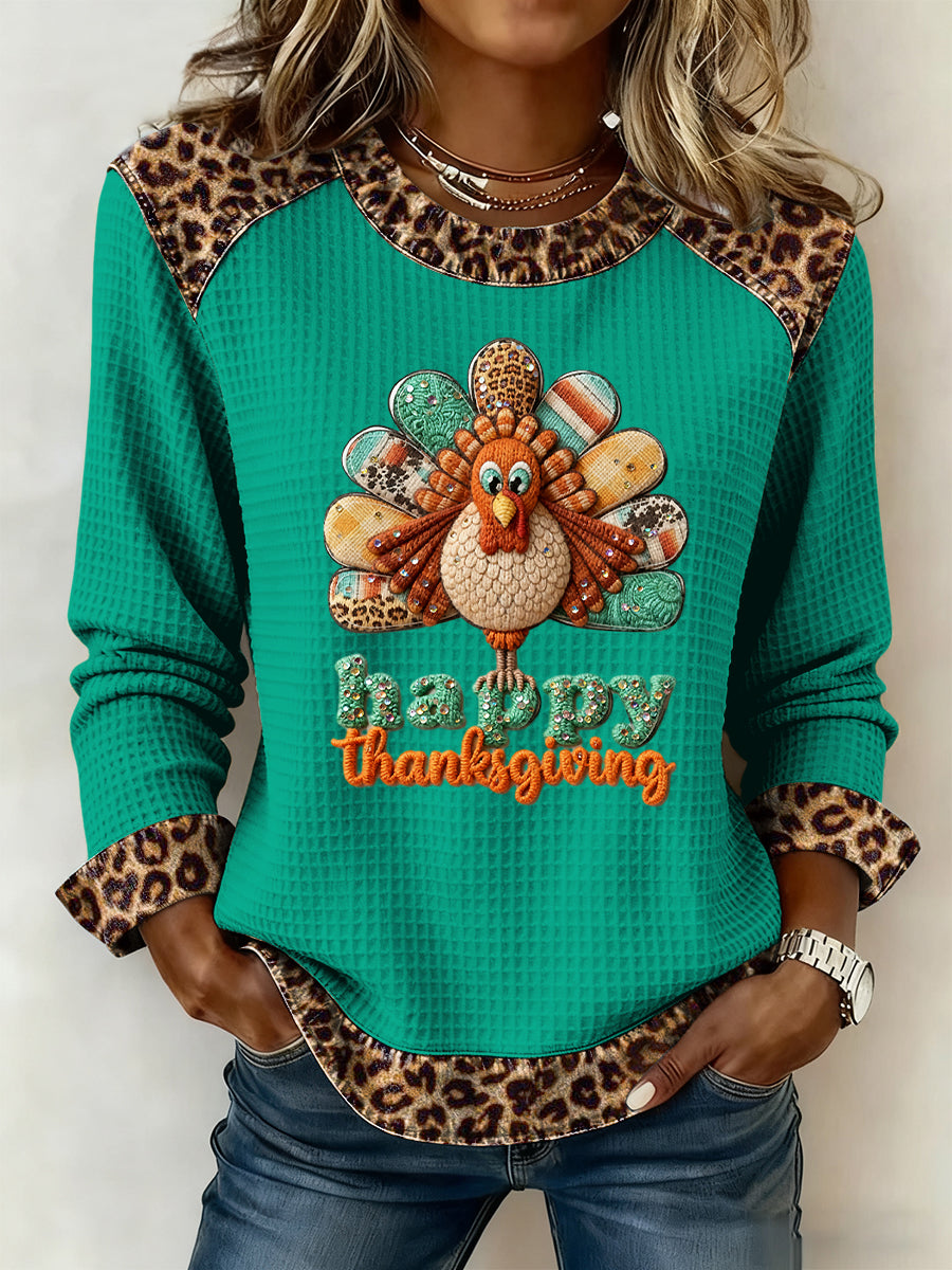 Women's Thanksgiving Turkey Waffle-Weave Casual Top