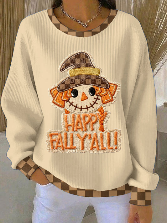Women's Thanksgiving Khaki Scarecrow Loose-Fit Crewneck Pullover
