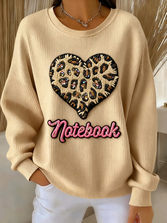 Women's Thanksgiving Leopard Print Heart Print Crew Neck Pullover
