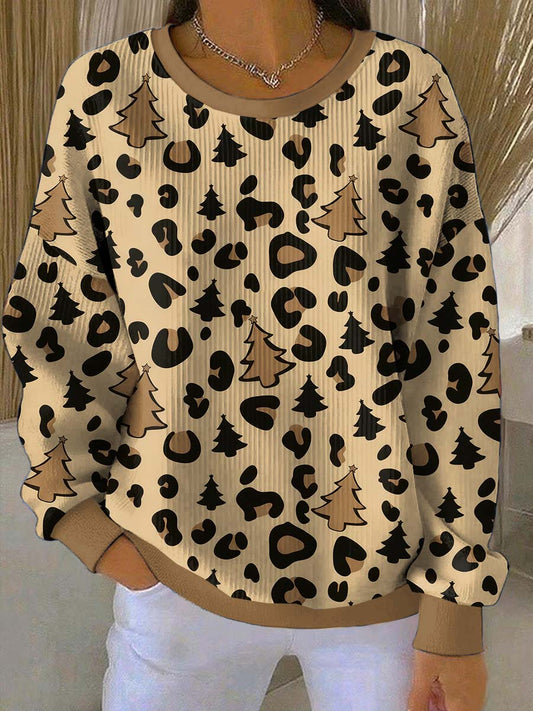 Women's Leopard Print Thanksgiving Loose-Fit Crewneck Pullover