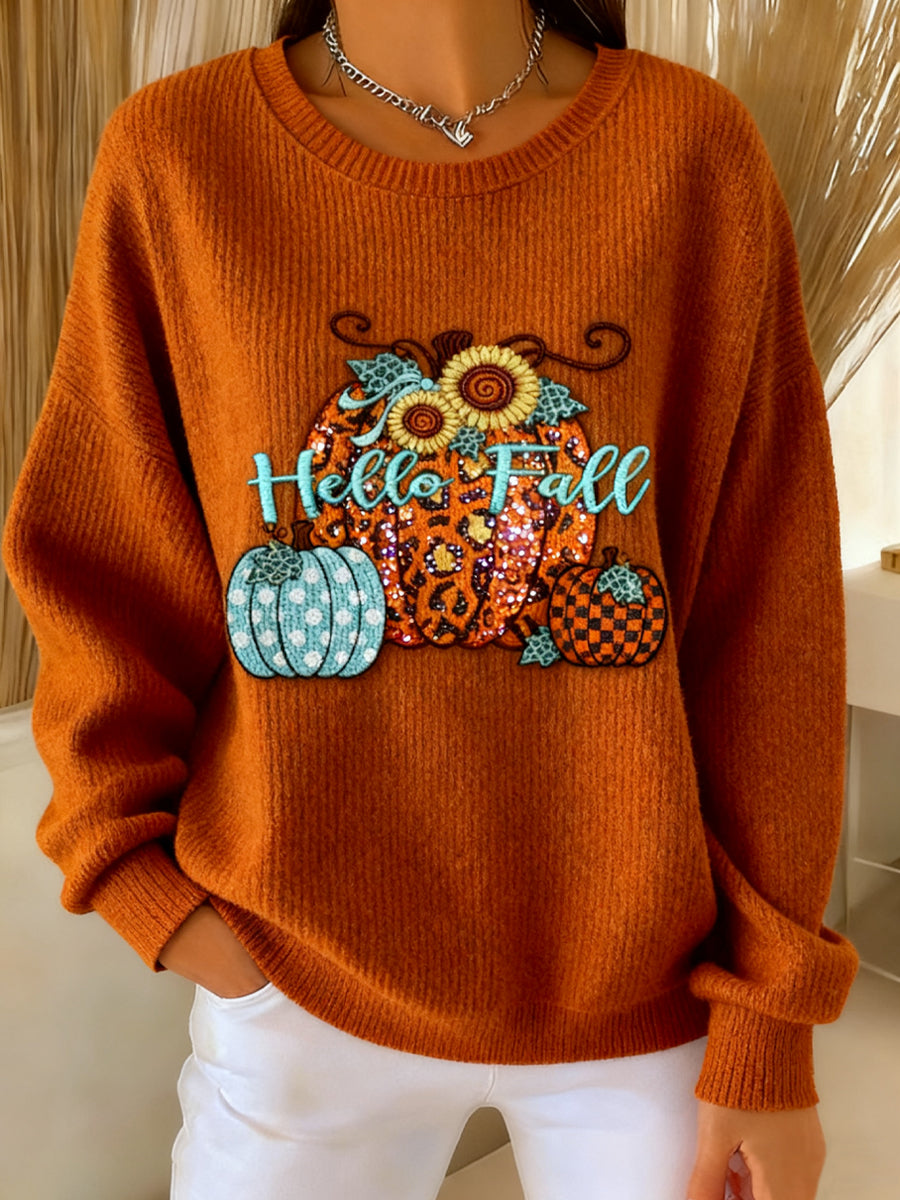 Women's Thanksgiving Leopard Print Pumpkin Crewneck Sweatshirt