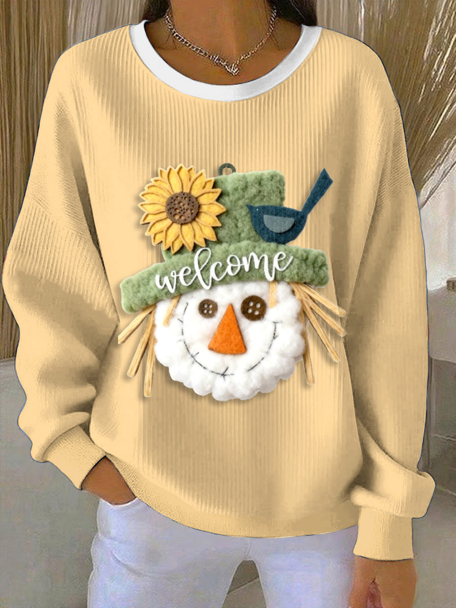 Women's Thanksgiving Charming Scarecrow Loose-Fit Crewneck Pullover