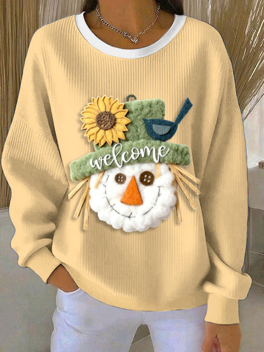 Women's Thanksgiving Charming Scarecrow Loose-Fit Crewneck Pullover