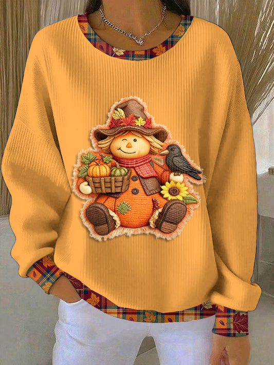 Women's Thanksgiving Orange Patchwork Loose-Fit Crewneck Pullover