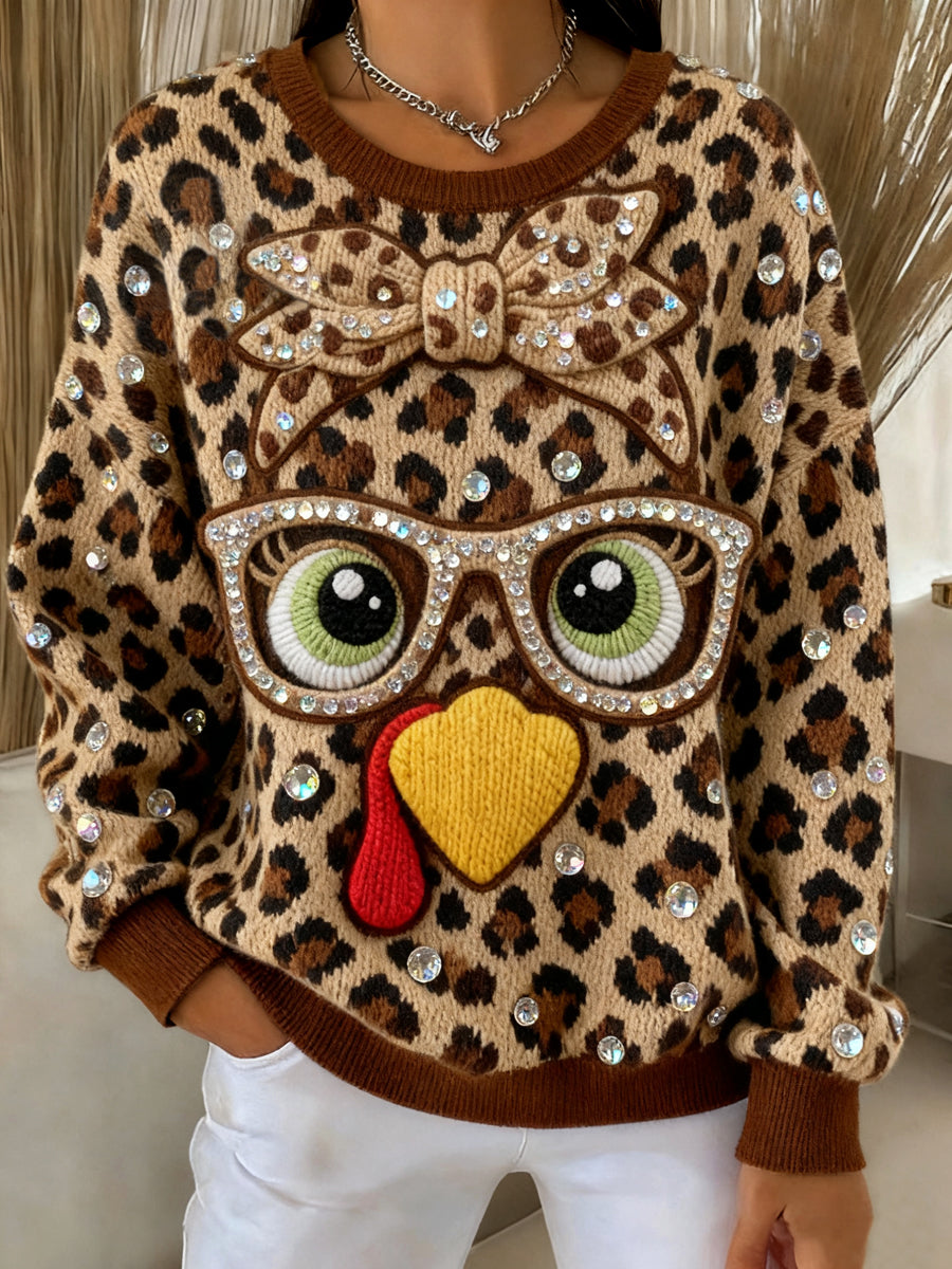 Women's Thanksgiving Leopard Print Turkey Crewneck Sweatshirt