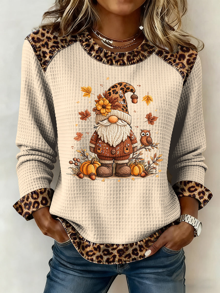 Women's Thanksgiving Dwarf Autumn Leaf Waffle Pattern Casual Top