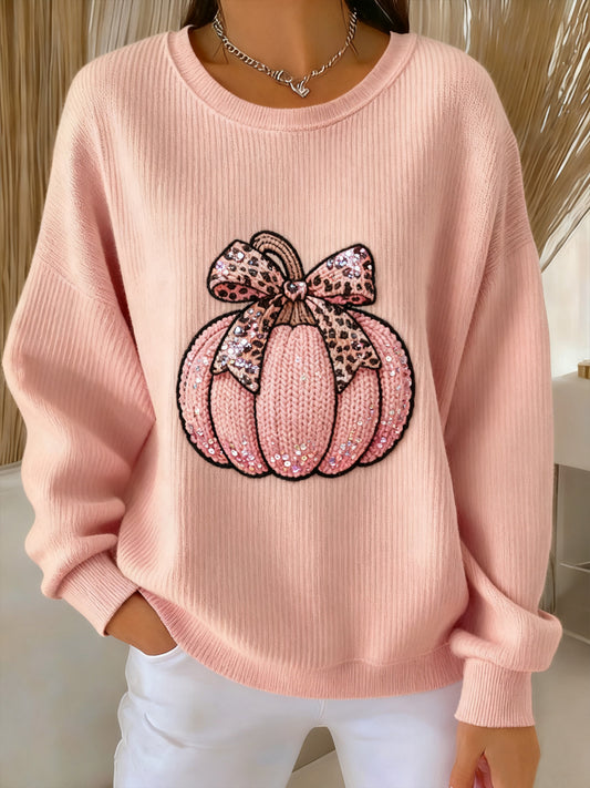 Women's Thanksgiving Pink Leopard Print Pumpkin Crewneck Pullover