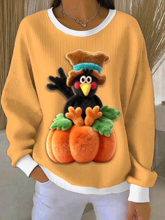 Women's Thanksgiving Plush Turkey Loose-Fit Crewneck Pullover