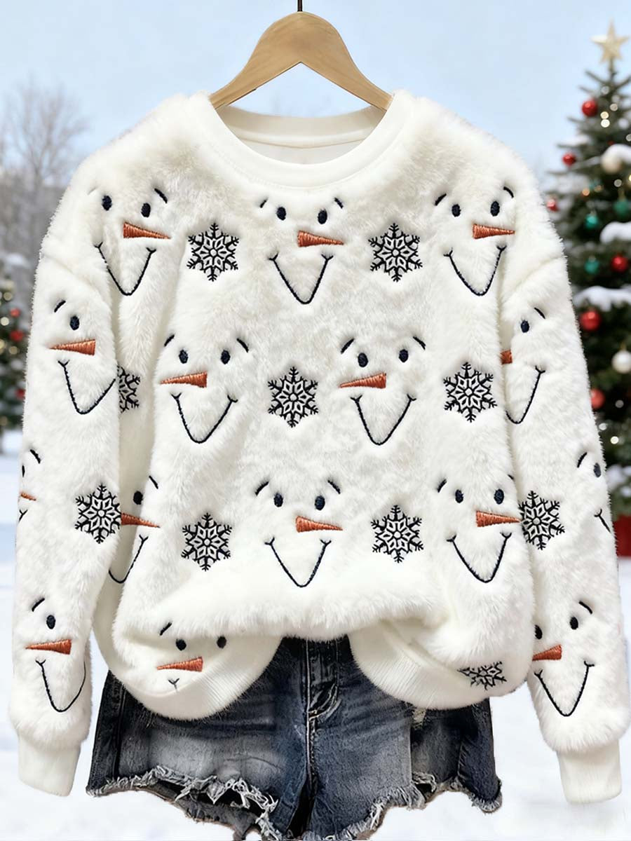 Women’s Christmas Snowman Embroidered Furry Sweatshirt White / S
