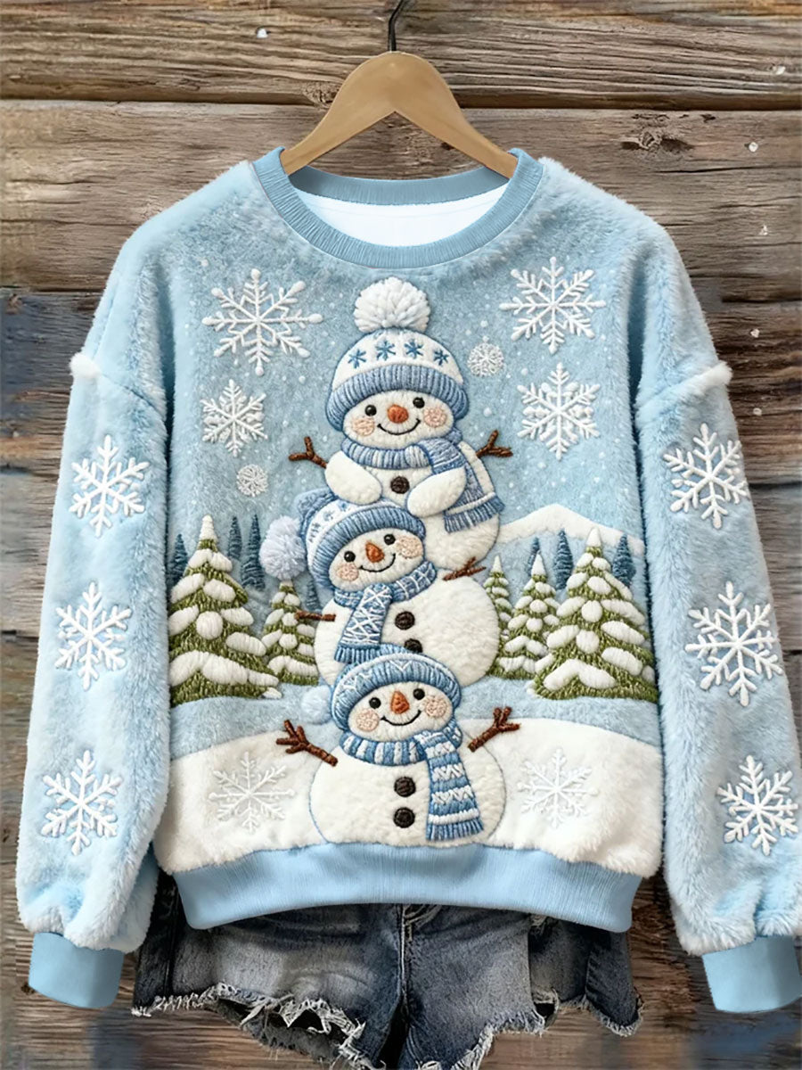 Women’s Christmas Cute Snowman Snowflake Christmas Tree Art Flannel Sweatshirt Light Blue / S