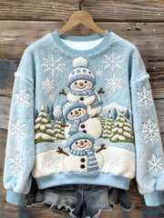 Women’s Christmas Cute Snowman Snowflake Christmas Tree Art Flannel Sweatshirt Light Blue / S