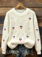 Women’s Christmas Reindeer Casual Plush Sweatshirt Creamy-White / S