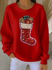 Women’s Christmas stockings Print Ribbed Round-Neck Sweatshirt Red / S