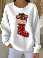 Women’s Christmas stockings Print Ribbed Round-Neck Sweatshirt White / S