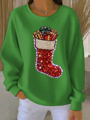 Women’s Christmas stockings Print Ribbed Round-Neck Sweatshirt Green / S