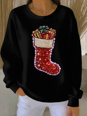 Women’s Christmas stockings Print Ribbed Round-Neck Sweatshirt Black / S