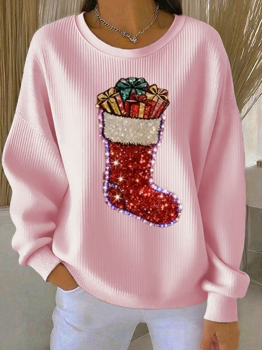 Women’s Christmas stockings Print Ribbed Round-Neck Sweatshirt Pink / S