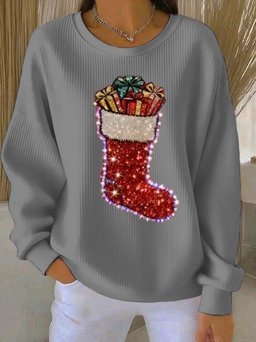 Women’s Christmas stockings Print Ribbed Round-Neck Sweatshirt Gray / S