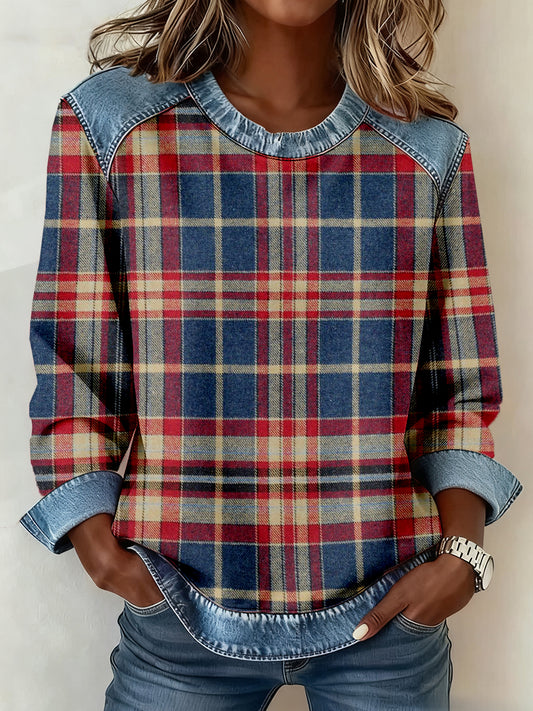 Women's Vintage Plaid Pattern Patchwork Art Sweatshirt